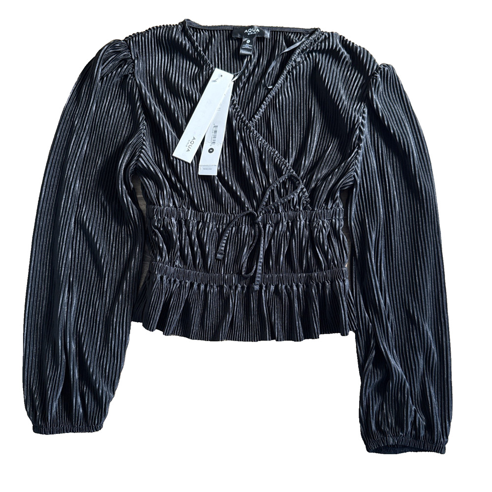 Aqua Girls Accordion Pleat Faux Wrap Top Black Long Sleeve Medium